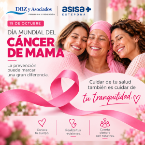 Tres mujeres abrazadas junto al lazo rosa del Día Mundial del Cáncer de Mama, con un mensaje de prevención y acompañamiento.