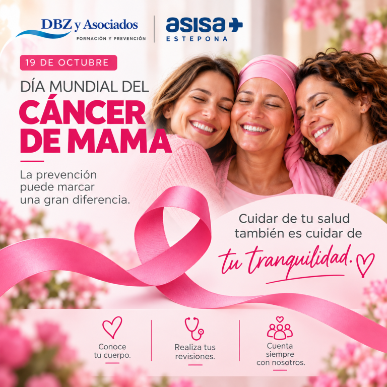 Tres mujeres abrazadas junto al lazo rosa del Día Mundial del Cáncer de Mama, con un mensaje de prevención y acompañamiento.